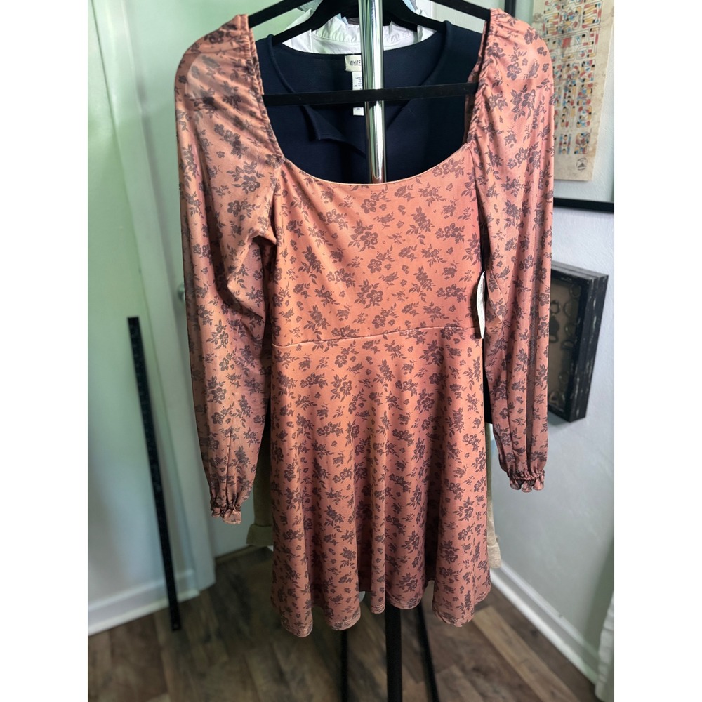 Altar'd State Rust Brown Floral Square Neck Mini Dress Long Sleeve NWT Small